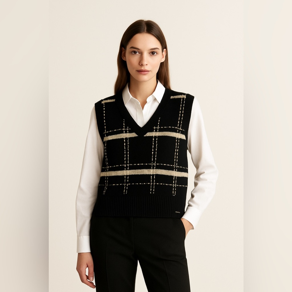 NWT MEXX Plaid V-Neck Lambswool Sweater Vest - Black and Cream